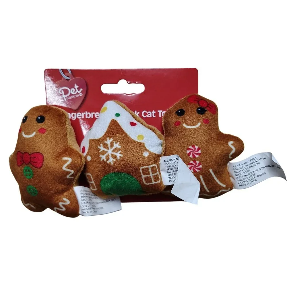 Pet Central Gingerbread 3 Pack Plush Interactive Crinkle Cat Toy Set